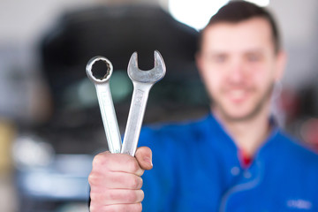 Hand of car mechanic with wrench. Auto repair garage.
- 106846192