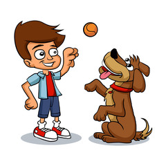 cartoon boy playing with his dog 