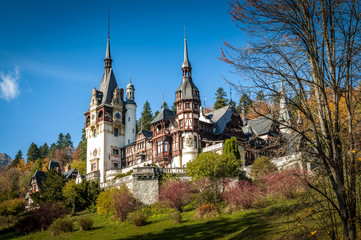 Fototapeta na wymiar Sinaia, Romania - October 19th,2014 View of Peles castle in Sinaia, Romania, built by king Carol I of Romania. The castle is considered to be the most important historic building in Romania.