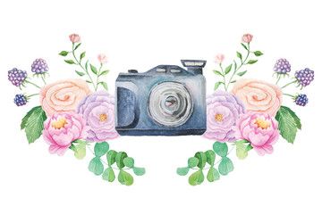 Watercolor camera and flowers