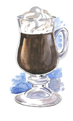 Glass of irish coffee drawn by watercolor and ink.