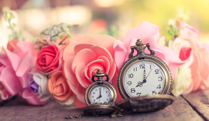 Vintage pocket watch with rose bouquet pastel