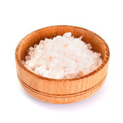 Pink Salt in Wooden Bowl Isolated on White Background