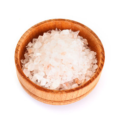 Pink Salt in Wooden Bowl Isolated on White Background