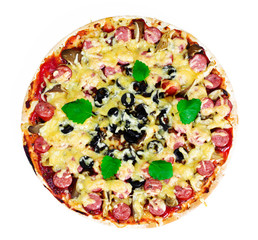 Pepperoni Pizza with Sausage, Cheese, Mozzarella, Olives and Bas