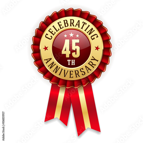 "Gold 45th anniversary badge, rosette with red ribbon on