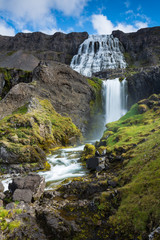 Naklejka na ściany i meble Scenery of mountains with Dynjandi, (Fjallfoss), waterfall, Iceland
