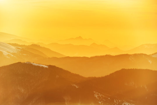 Beautiful Orange Sunset In Mountains