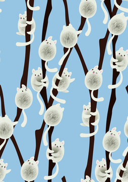 Fototapeta Śmieszne kawaii koty wierzby siedzącej na gałęziach. Bezszwowe tło wiosna. Wielkanocna ilustracja