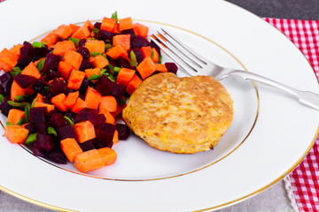 Fish Cutlet with a Salad of Carrots and Beets.