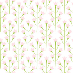 Wild bluebell pink pastel flower spring field seamless pattern. Floral tender fine summer vector pattern on white background. For fabric textile prints and apparel.
