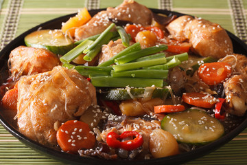 Andong jjimdak braised chicken with vegetables close-up. Horizontal
