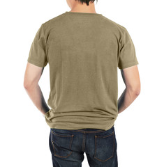 Close up of man in back brown shirt on white background.