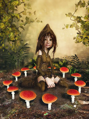 Obraz premium Baśniowy gnom siedzący w kręgu grzybów