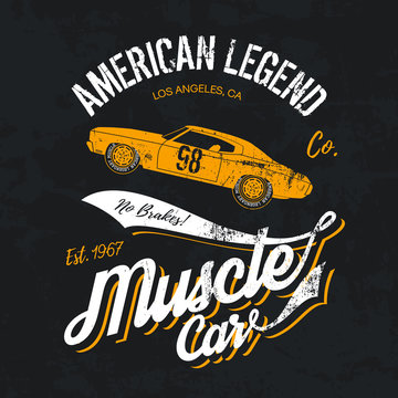 Vintage American muscle car old grunge effect tee print vector design illustration. 
Premium quality superior retro logo concept. Shabby t-shirt mock up.