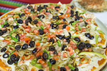Vegetable pizza, close up shot.