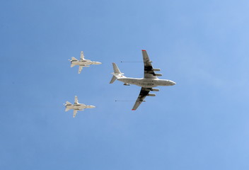 Simulation of refueling in the air from the aircraft-tanker Il-78M front-line bomber with variable sweep wing su-24 . Rehearsal of parade in honor of the 70th anniversary of Victory