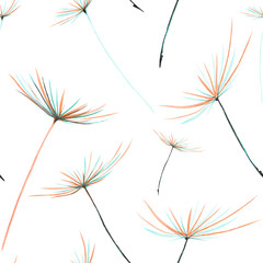 Seamless floral pattern with the watercolor dandelion fuzzies, hand drawn on a white background