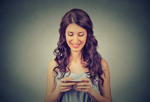 Woman holding using new smartphone connected browsing internet worldwide