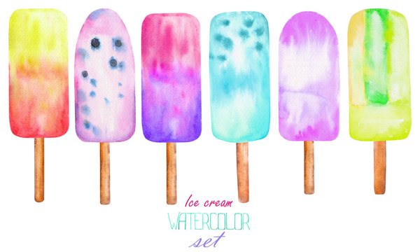 Set with the bright, tasty and appetizing citrus ice lolly, frozen juice, isolated hand drawn in watercolor on a white background