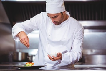 Chef sprinkling spices on dish in commercial kitchen