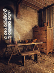 Średniowieczny pokój z drewnianymi meblami