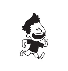 Vector cartoon image of a cute little boy in shorts and t-shirt running and laughing on a white background. Made in a monochrome style. Positive character. Vector illustration.