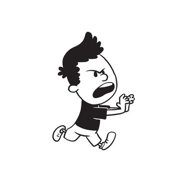 Vector cartoon image of a cute little boy in shorts and t-shirt cute little boy running angry on a white background. Made in a monochrome style. Positive character. Vector illustration.