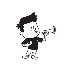 Vector cartoon image of a cute little boy in shorts and t-shirt standing and playing the horn in his hand on a white background. Made in a monochrome style. Positive character. Vector illustration.