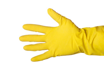 Fototapeta na wymiar Yellow latex glove open hand.