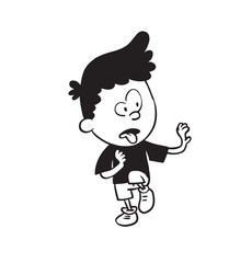 Vector cartoon image of a cute little boy in shorts and t-shirt standing on one leg with disgust on his face on a white background. Made in a monochrome style. Positive character. Vector illustration.