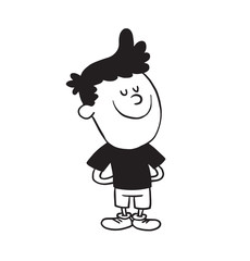 Vector cartoon image of a cute little boy in shorts and t-shirt standing with satisfied expression on his face on white background. Made in a monochrome style. Positive character. Vector illustration