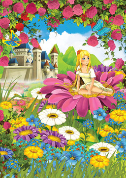 Cartoon scene of a girl on the flower - castle in the background - illustration for children