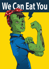 Vector image of Halloween poster with a cartoon image of a green zombie woman in a blue shirt and red kerchief on her head on a yellow background. The slogan "We can eat you". Vector illustration.
