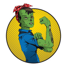 Obraz premium Vector image of Halloween round yellow frame with cartoon image of a green zombie woman in a blue shirt and red kerchief on her head on a white background. Halloween. Vector illustration.
