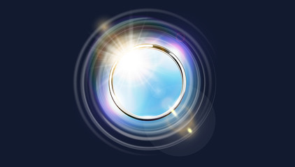 Futuristic abstract metal ring background. Chrome shine round frame with light circle and sun lens flare light effect. Vector glowing stainless steel gap to blue sky. Space for your message