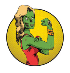 Vector image of Halloween round yellow frame with cartoon image of a green zombie young girl with long blonde hair in a red dress on a white background. Halloween. Vector illustration.