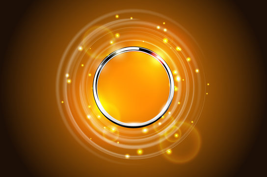 Modern abstract metal ring sparkling background. Chrome round frame with light circle, flare and spark light effect. Vector orange glowing stainless steel logo place concept