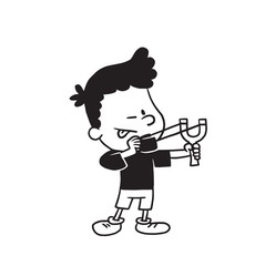 Vector cartoon image of a cute little boy in shorts and t-shirt standing and sighting to shoot from a slingshot on white background. Made in a monochrome style. Positive character. Vector illustration