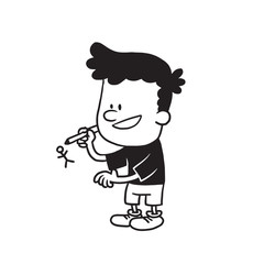 Vector cartoon image of a cute little boy in shorts and t-shirt standing and drawing a little man by pencil on a white background. Made in a monochrome style. Positive character. Vector illustration.