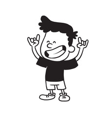 Vector cartoon image of a cute little boy in shorts and t-shirt standing, smiling with hands raised on a white background. Made in a monochrome style. Positive character. Vector illustration.