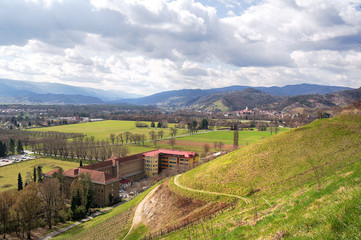 View on hills and vineyards from Kalvarija hill. City of Maribor in the background. Slovenia, Europe. 