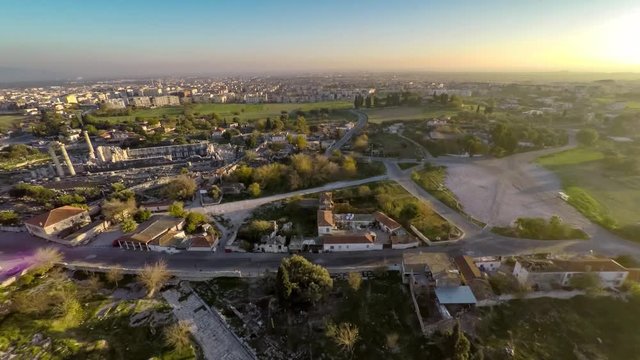 High descent copter over the Holy Road near the Apollo Temple in Didim, Turkey. Aerial, 4k