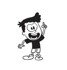Vector cartoon image of a cute little boy in shorts and t-shirt standing and smiling with a raised hand on a white background. Made in a monochrome style. Positive character. Vector illustration.