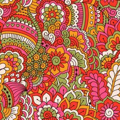 Hand drawn seamless pattern with floral elements. Colorful ethnic background. Pattern can be used for fabric, wallpaper or wrapping.