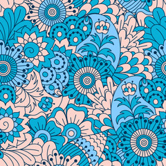 Hand drawn seamless pattern with floral elements. Colorful ethnic background. Pattern can be used for fabric, wallpaper or wrapping.