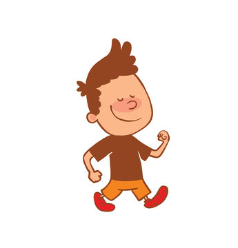 Vector cartoon image of a cute little boy in orange shorts and brown t-shirt walking and smiling on a white background. Color image with a brown tracings. Positive character. Vector illustration.