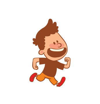 Vector cartoon image of a cute little boy in orange shorts and brown t-shirt running and laughing on a white background. Color image with a brown tracings. Positive character. Vector illustration.