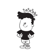 Vector cartoon image of a cute little boy in shorts and t-shirt standing with a crown on his head and smiling on a white background. Made in a monochrome style. Positive character. Vector illustration