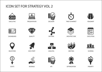 Strategy icon set. Various symbols for strategic topics like optimization,dashboard,prioritization,milestone, costs, revenue
